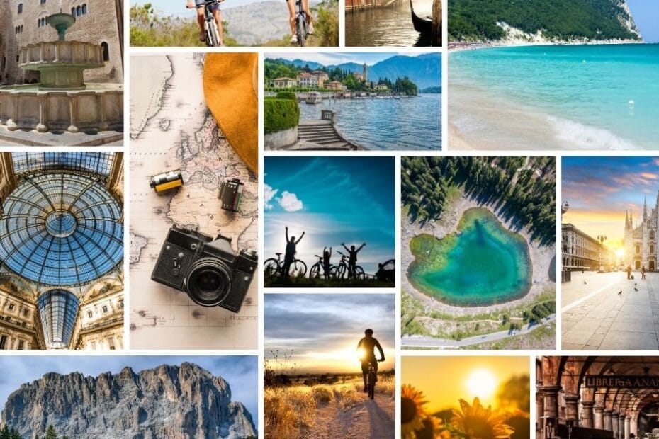 Collage of travel photos showing beaches, mountains, landmarks, a map, camera, and bikes, conveying adventure and exploration.